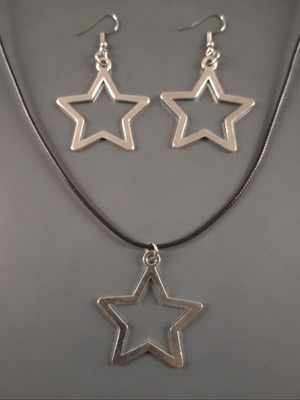 Star necklace and earrings set with black cord, new