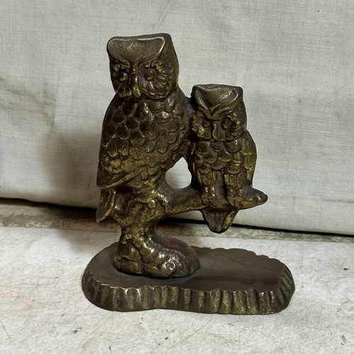 Vintage brass decorative sculpture with two owls on branch, used