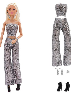 Doll outfit "Disco Queen" silver with shoes and jewelry - 7181-S