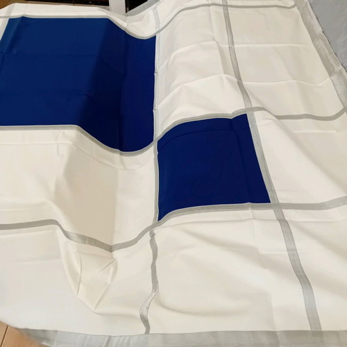 Tablecloth new cotton white with silver stripes and blue spots