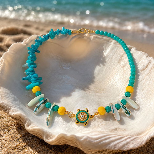 Handmade necklace with semi-precious stones Lava, Coral, Shell and a little turtle with enamel and zircon