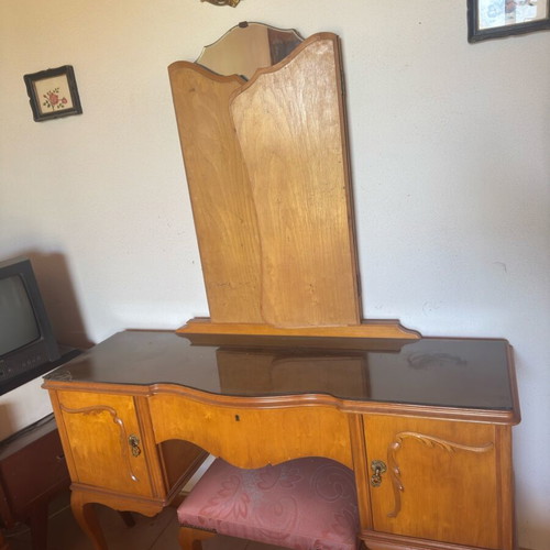 Vintage wooden dressing table with folding mirror and stool