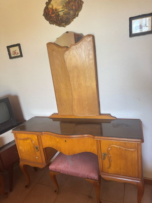 Vintage wooden dressing table with folding mirror and stool