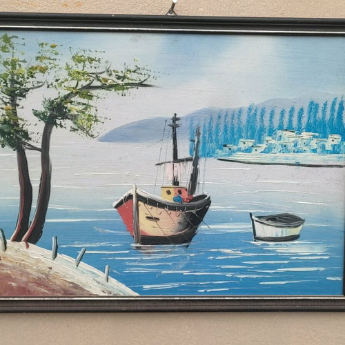 Oil painting like new with coastal scene and fishing boats