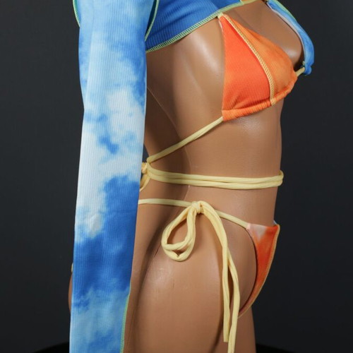 Three-Piece Swimsuit New with Color-Fading Effect in Blue and Red