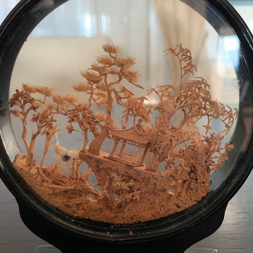 Chinese Microcarving Diorama Used Cork Panel with Wooden Base