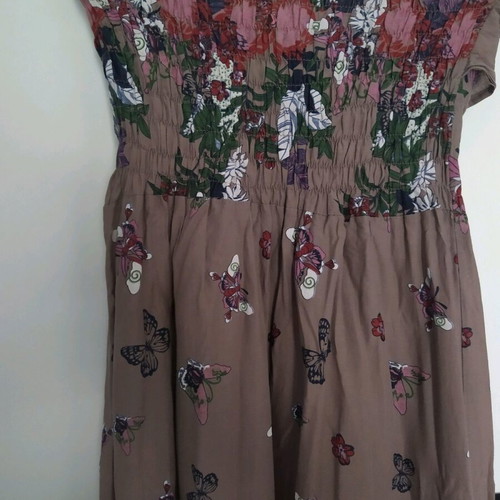Long strapless dress like new, brown with colorful floral and butterfly patterns, sizes S/M