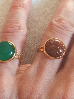Green Agate Cabochon Adjustable Ring in Gold Tone, New