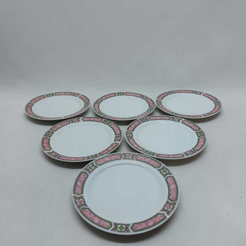Set of 6 small porcelain shallow serving plates used with pink and green details 19.5cm