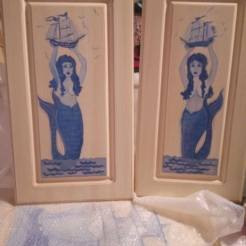 Two decorative wall panels new hand-painted with mermaids