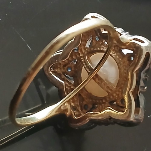 Ring with 14K gold base and 925 silver, diamonds, sapphires, large pearl, like new, 17 mm