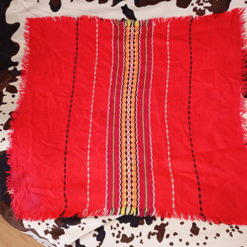 Folk tablecloth used, square soft with traditional Bulgarian motifs and fringes