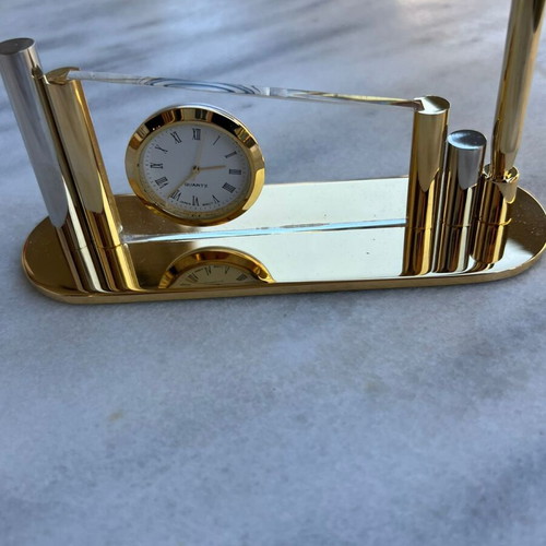 Vintage Executive Desk Clock Set with Pen Holder, Quartz, Gold Design
