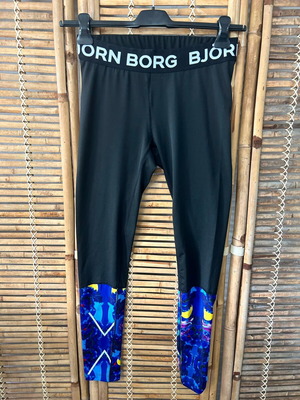 Björn Borg Hydro-Pro sports leggings, black with blue floral print, size 40