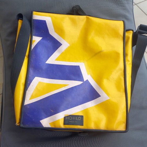 Shoulder bag used, large, yellow and purple, vintage style