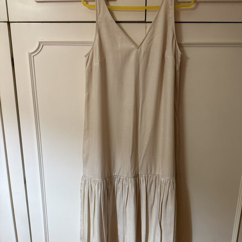 H&M long dress beige satin with V neckline and drop waist, like new
