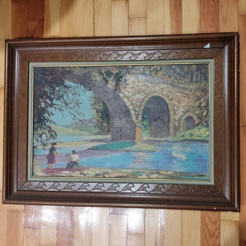 Epirus Bridge used oil painting on wood by K. Salta