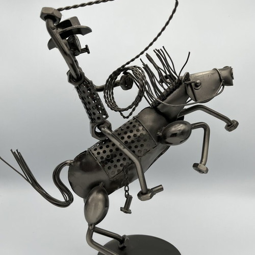 Handmade Industrial Metal Sculpture "Cowboy with Lasso on Horse"