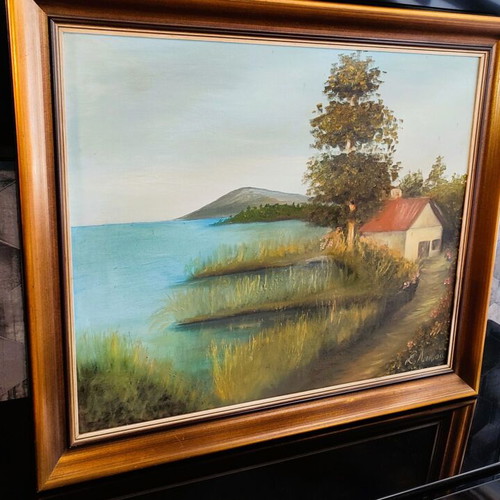 Oil painting on canvas signed by S. Loukisa, used, 70×60 cm with frame