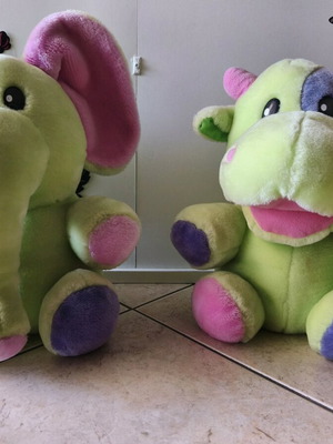 Plush elephant and cow set like new, green with purple and pink details