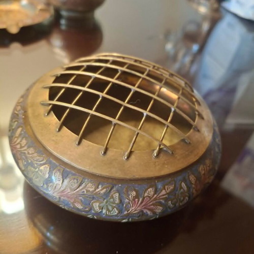Antique bronze set of 4 embossed enamel pieces