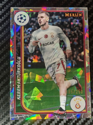 2023-24 Topps Merlin UEFA Kerem Aktürkoğlu Atomic Refractor Card serial 085/250