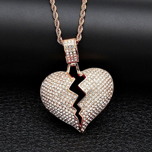 Broken Heart Necklace with Zirconia Stones Rose Steel New