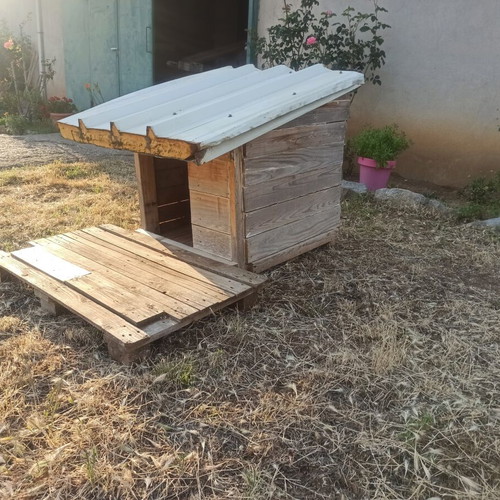 Custom wooden dog house with panel roof and removable veranda