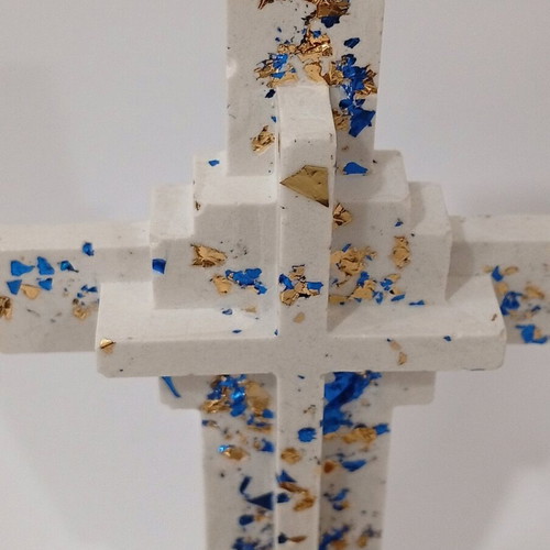 Handmade porcelain cross candle holder with pure beeswax and decorative leaves