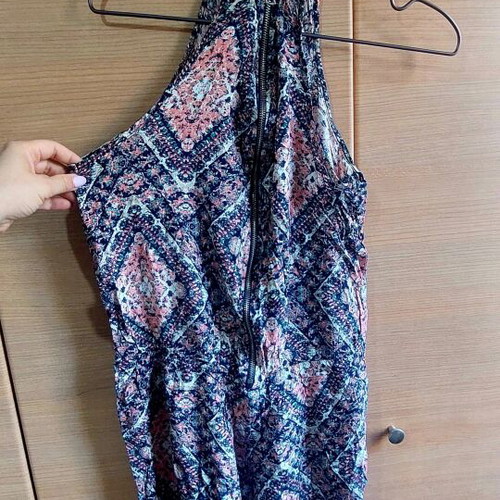 Boho Printed Mock Neck Cutout Jumpsuit like new, blue and salmon