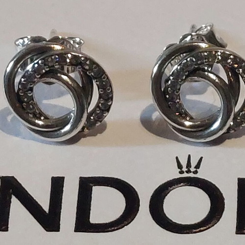 Pandora earrings new with three intertwined circles and cubic zirconia