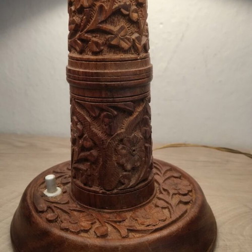 Table lamp with carved wooden base and new shade, 36 cm height