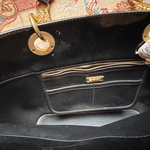 DKNY black PVC shoulder tote handbag with golden chain like new