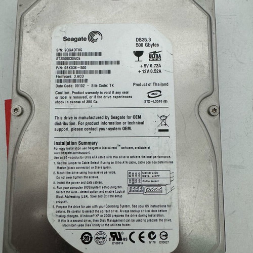 Seagate DB35.3 ST3500830ACE 500GB 7200RPM IDE σκληρός δίσκος μεταχειρισμένος