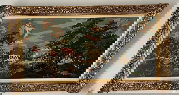 (120€)Πίνακας Κεντητός ΧειροποίητοςΘέμα: Αγροτικό τοπίο. Κορνίζα: Χρυσή με σκαλίσματα, χωρίς χτυπήμα