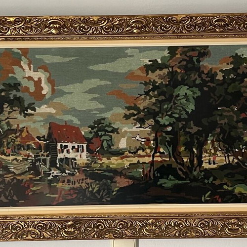 Antique painting handmade embroidery rural landscape like new