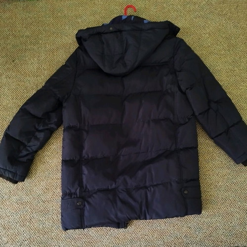 New College jacket used, blue, waterproof with camouflage hood for 13-16 years