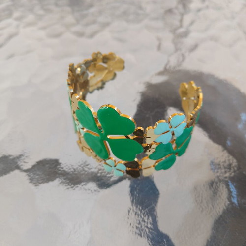 Steel Bracelet Cuff with Green Four-Leaf Clovers, New