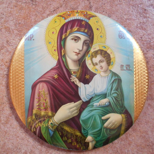 Metal hanging vintage religious icon used, 23 cm diameter