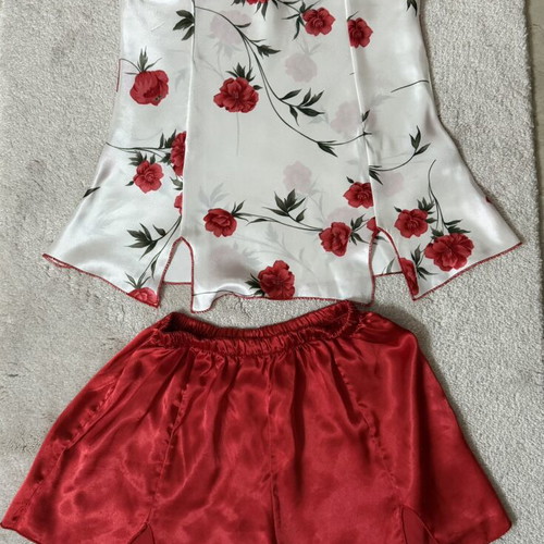 Baby doll satin pajama set used, white and red roses