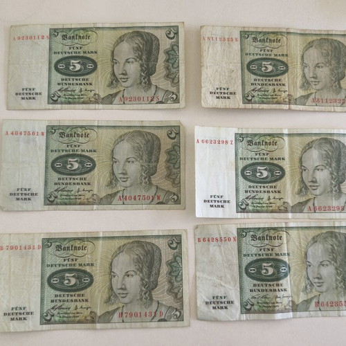 6 German 5 Mark banknotes, 5 from 1960 and 1 from 1970