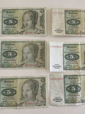 6 German 5 Mark banknotes, 5 from 1960 and 1 from 1970