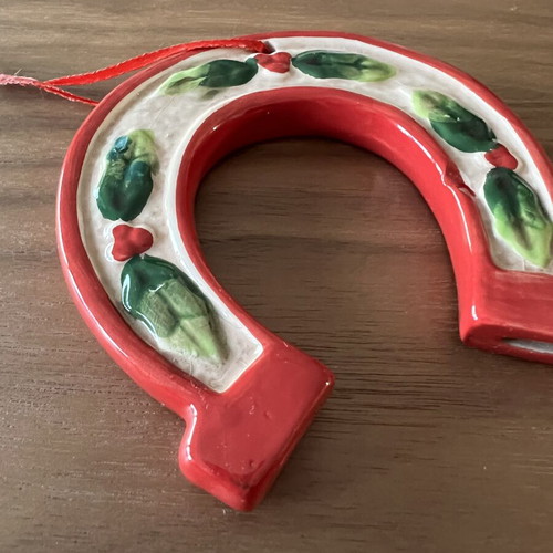 Vintage ceramic lucky horseshoe red with ribbon