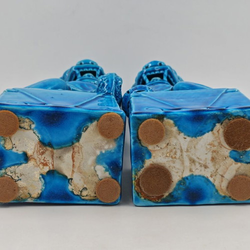 Vintage Chinese Turquoise Blue Porcelain Foo Dogs set used