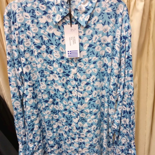 Women's blue shirt with flowers new, satin fabric