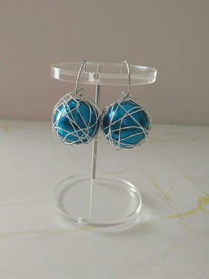 Handmade earrings with steel clasps and blue pearl bead, made to order