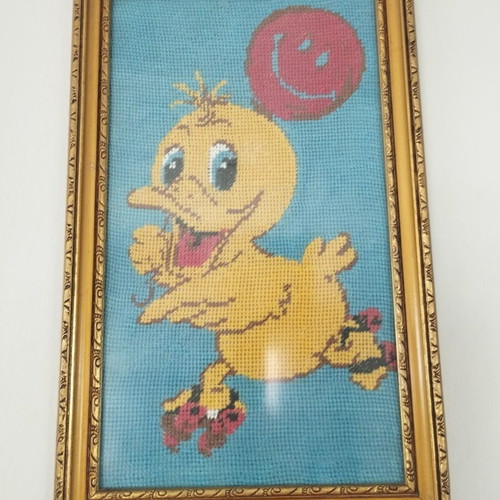 Premium vintage handmade Tweety embroidery in golden wooden frame, like new
