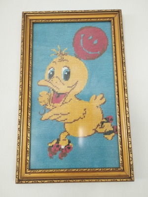 Premium vintage handmade Tweety embroidery in golden wooden frame, like new