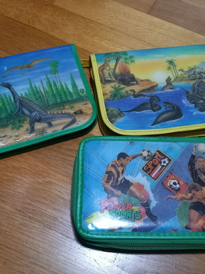 School pencil cases used, set of 3 with football and dinosaur themes