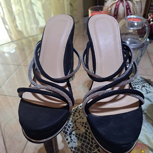 Platform sandals with black and silver laces with strass, new